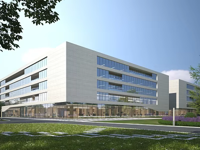 Modern Multi Storey Industrial Factory Building With Glass Curtain Wall Lawn And Trees 3d model