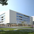 Modern Multi Storey Industrial Factory Building With Glass Curtain Wall Lawn And Trees