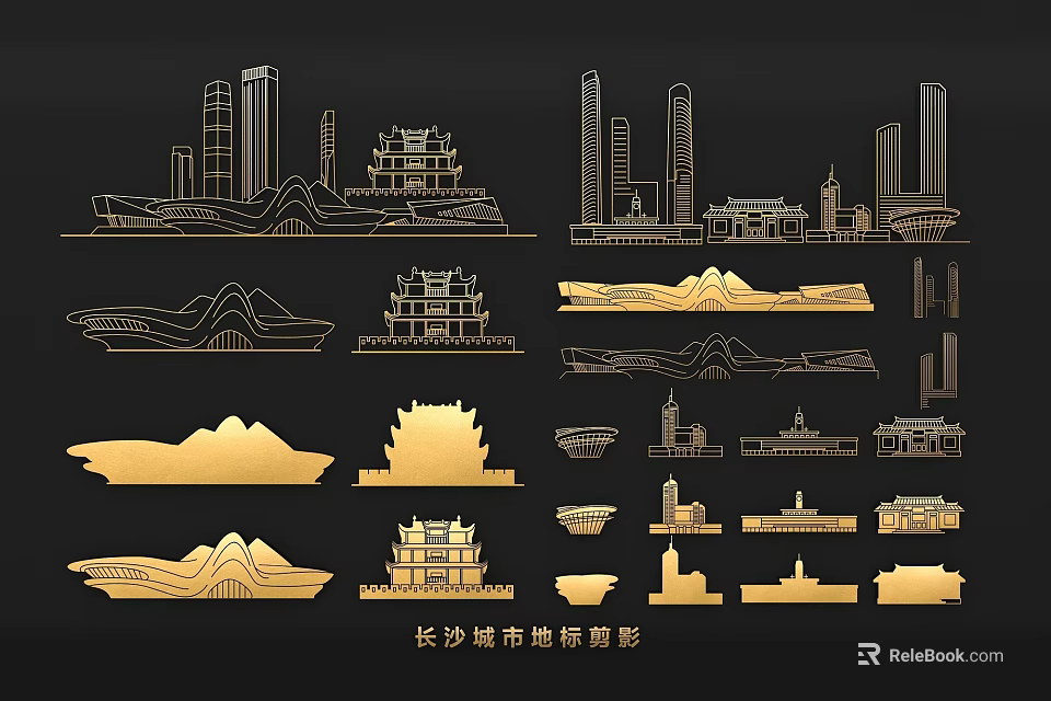Artistic Modern Changsha City Landmark Silhouettes Wall Decor for Interior Design 3d model 