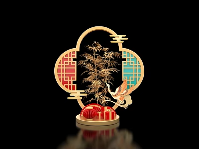 Chinese Traditional Photo Check in Spot With Bamboo Crane Lanterns and Golden Frame 3d model