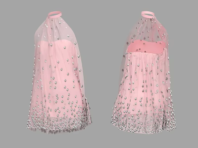 Pink Halter Neck Tulle Dress With Sequined Details And Front Back View 3d model