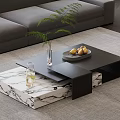 Modern Black Coffee Table With Marble Base Green Plant Fruit Plate And Glass Cup