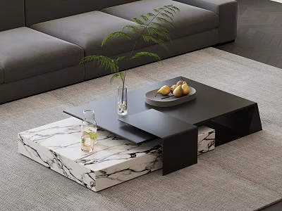 Modern Black Coffee Table With Marble Base Green Plant Fruit Plate And Glass Cup 3d model