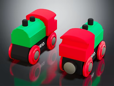 Colorful Red And Green Electric Toy Trains With Black Wheels And Brio Logo 3d model