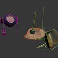 Construction Tools Setup with Blue Cement Mixer Shovels Sand and Rusty Metal Funnel