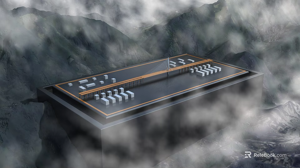 Modern Building Platform In Mountain Clouds With White Blocks And Orange Lines 3d model 