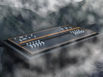 Modern Building Platform In Mountain Clouds With White Blocks And Orange Lines 3d model