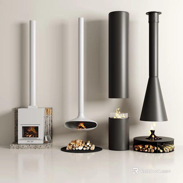 Contemporary Fireplace Designs In White And Black With Wood Logs And Flames 3d model 