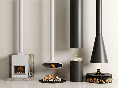Contemporary Fireplace Designs In White And Black With Wood Logs And Flames 3d model