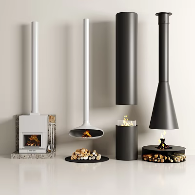 Contemporary Fireplace Designs In White And Black With Wood Logs And Flames 3d model
