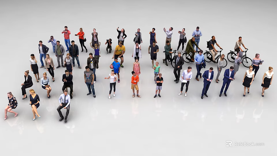 Group of People in Various Poses Standing Sitting Biking with Different Clothing on White Background 3d model 