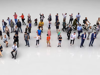 Group of People in Various Poses Standing Sitting Biking with Different Clothing on White Background 3d model