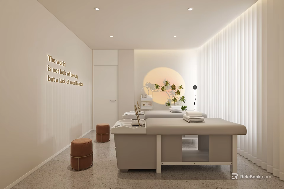 Tranquil SPA Room With Massage Table Plants And Soft Lighting 3d model