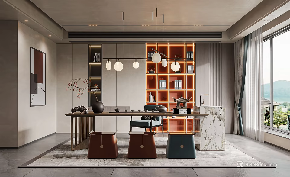 Modern Tea Room Interior Design With Open Layout Bookshelves And Pendant Lights 3d model 