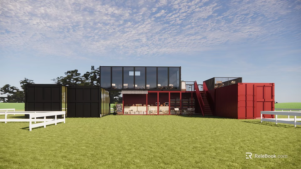 Modern Black Red Container Building With Open Layout And Green Lawn 3d model