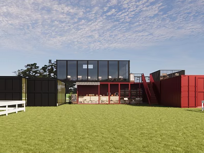 Modern Black Red Container Building With Open Layout And Green Lawn 3d model