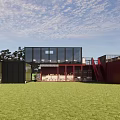 Modern Black Red Container Building With Open Layout And Green Lawn 3d model