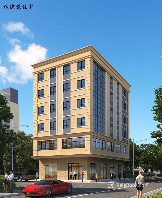 Modern Beige Residential Building With Large Windows Surrounded By Trees And Blue Sky 3d model