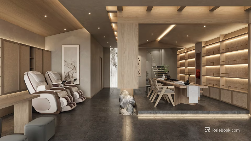 Serene Chinese Clubhouse With Massage Chairs Wooden Decor And Dining Space 3d model 