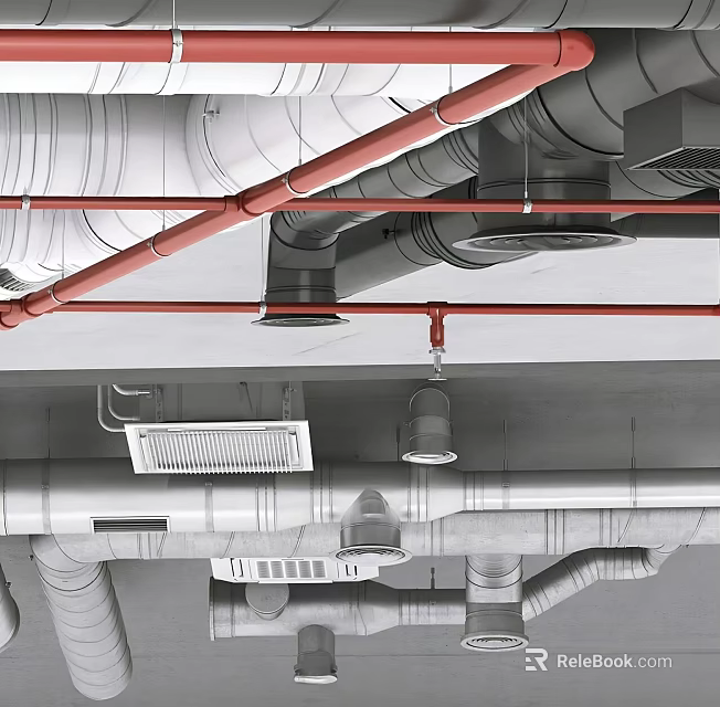 Industrial Ceiling Structure Featuring Exposed Pipes Ventilation Units And Modern Lighting Fixtures 3d model 