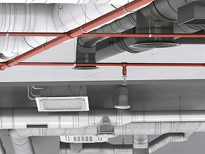 Industrial Ceiling Structure Featuring Exposed Pipes Ventilation Units And Modern Lighting Fixtures 3d model