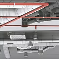 Industrial Ceiling Structure Featuring Exposed Pipes Ventilation Units And Modern Lighting Fixtures