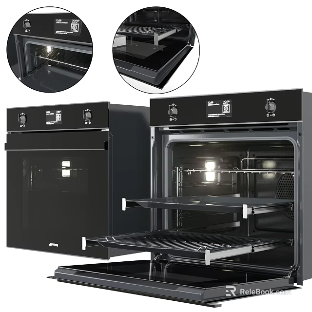 Sleek Black Built-in Kitchen Oven with Open Door and Illuminated Interior Racks Design 3d model 