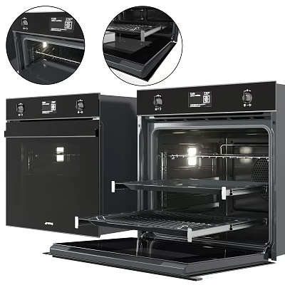 Sleek Black Built-in Kitchen Oven with Open Door and Illuminated Interior Racks Design 3d model