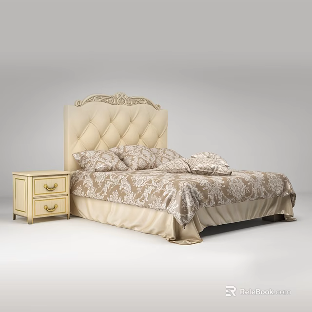 Beige Double Bed With Diamond Tufted Upholstered Headboard Patterned Bedspread Matching Nightstand And Gold Handles 3d model 