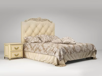 Beige Double Bed With Diamond Tufted Upholstered Headboard Patterned Bedspread Matching Nightstand And Gold Handles 3d model