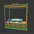 Wooden Display Cabinet with Glass Doors Holding Stone Artifact and Drawers at Bottom