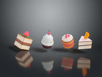 Assorted Mini Desserts Including Square Cakes Cupcake With Strawberry Cherry And Orange Toppings 3d model