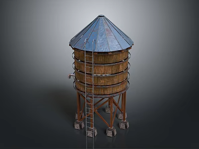Industrial Water Tower Structure With Conical Roof Metal Ladder And Support Legs 3d model
