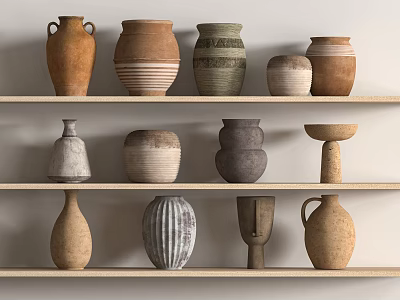 Ceramic Vessels Displayed on Wooden Shelves with Various Shapes and Textures 3d model