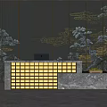Elegant Front Reception Desk With Dark Decorative Wall Golden Accents Marble Countertop and Illuminated Grid Base