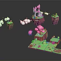 Cartoon Scene With Floating Islands Pink Castle Clouds Green Grass And Mushrooms