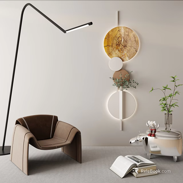 Modern Wall Decor With Circular Wooden Elements And Green Plants In Living Room 3d model 