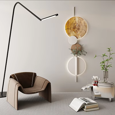 Modern Wall Decor With Circular Wooden Elements And Green Plants In Living Room 3d model