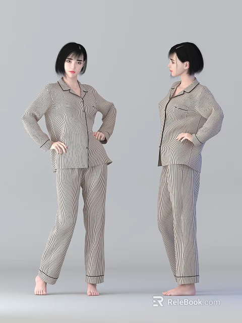 Woman Wearing Striped Pajamas With Long Sleeve Top And Pants 3d model 