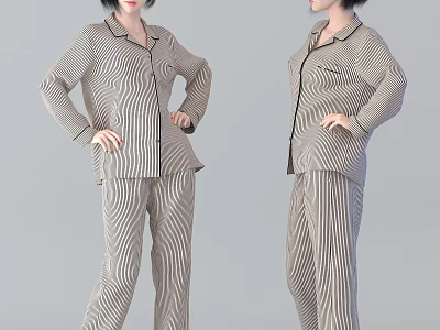 Woman Wearing Striped Pajamas With Long Sleeve Top And Pants 3d model