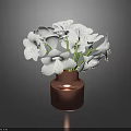 Elegant White Flowers Arrangement In Copper Cylindrical Vase With Green Leaves