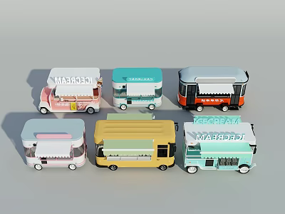 Commercial Mobile Food Trucks With Various Colors Branded Signs And Modern Designs 3d model
