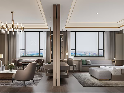 Elegant Modern Bedroom Interior With Comfortable Bed Soft Rug And Stylish Curtains 3d model