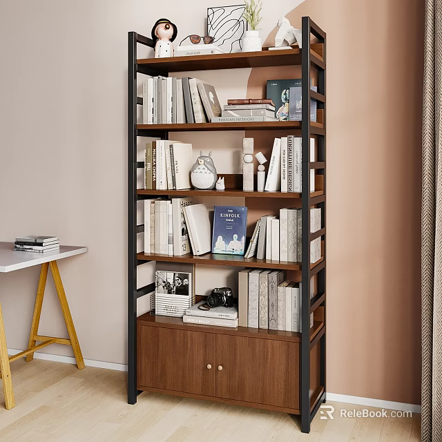 Elegant Modern Bookcase With Multiple Shelves Books Decorative Items And Adjacent Desk 3d model 