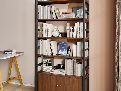 Elegant Modern Bookcase With Multiple Shelves Books Decorative Items And Adjacent Desk 3d model