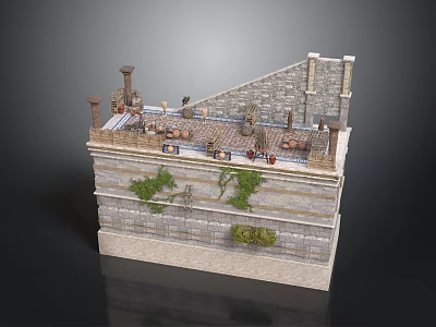 Multi Level Stone Building With Rooftop Chimneys Decorative Items And Green Plants 3d model