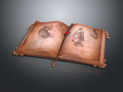 Ancient Open Book with Decorative Edges and Illustrated Pages Featuring Sketches of Figures and Creatures 3d model