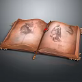 Ancient Open Book with Decorative Edges and Illustrated Pages Featuring Sketches of Figures and Creatures