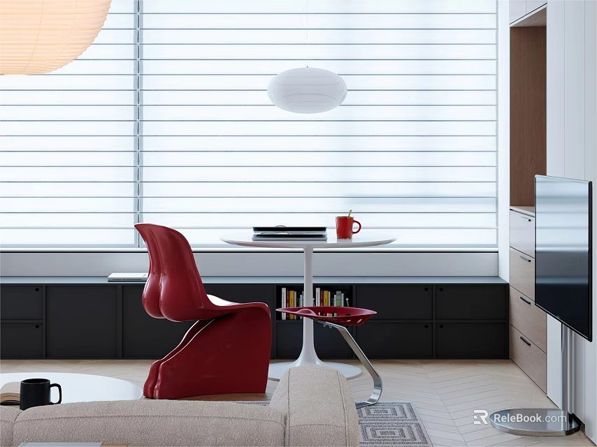 Modern Round Dining Table Set with Red Chairs by Window White Blinds and Black Cabinets 3d model