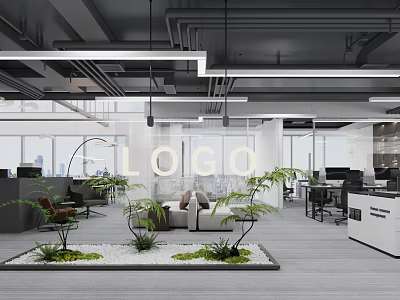 Modern Public Office Space With Open Layout Desks Computers Sofa Plants And Large Windows 3d model